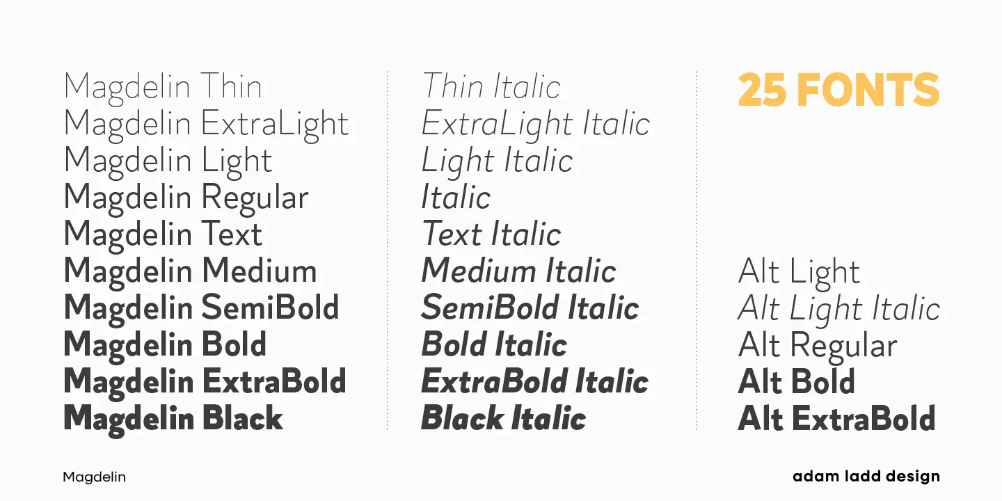Magdelin font by Adam Ladd Design — three columns of sans serif text showing different weights and upright and italic styles, with the words “25 FONTS” in yellow at the top right.