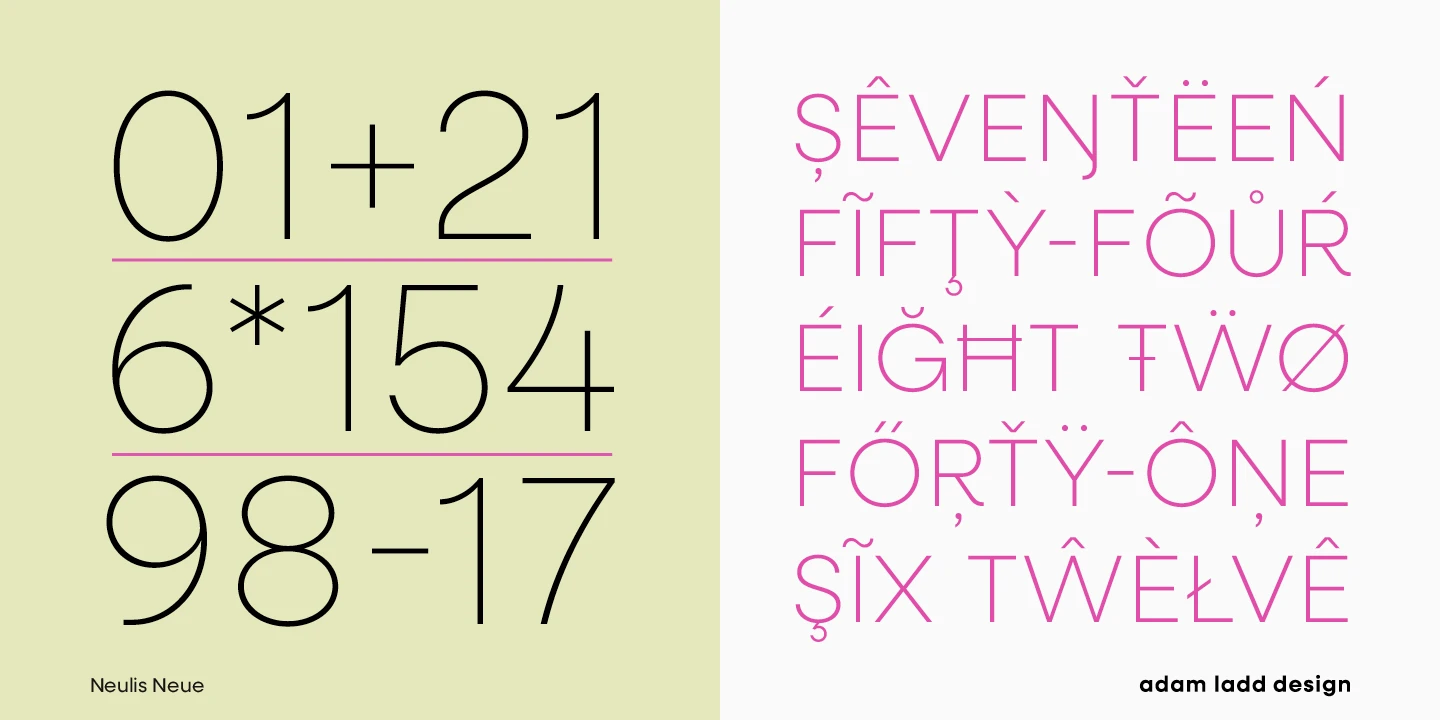 Neulis font by Adam Ladd Design — a two-panel banner with black numbers and math symbols on the left, and magenta words with diacritics on the right