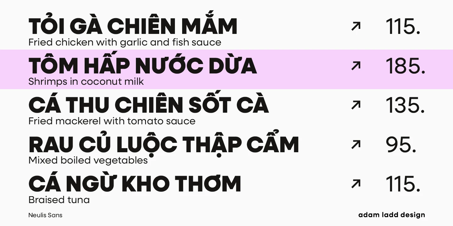 Neulis font by Adam Ladd Design — a menu with five items in a sans-serif, including Vietnamese and English text, with one item highlighted in pink.
