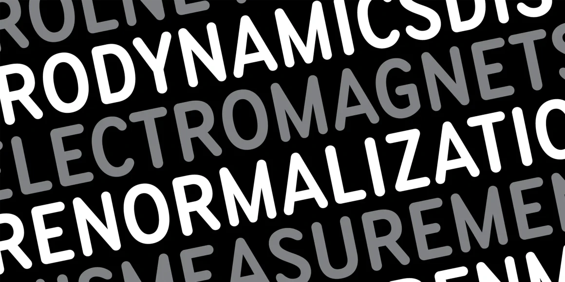 Bryant font by Process Type Foundry — the words AERODYNAMICS, ELECTROMAGNETS, RENORMALIZATION, and MEASUREMENT in a rounded, condensed sans-serif typeface, arranged in alternating white and gray diagonal lines on a black background
