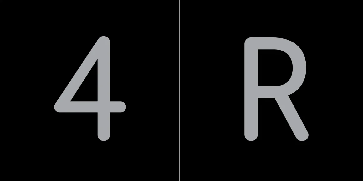Bryant font by Process Type Foundry — the numeral 4 and the capital letter R in a grey, rounded sans-serif typeface, separated by a thin vertical line on a black background