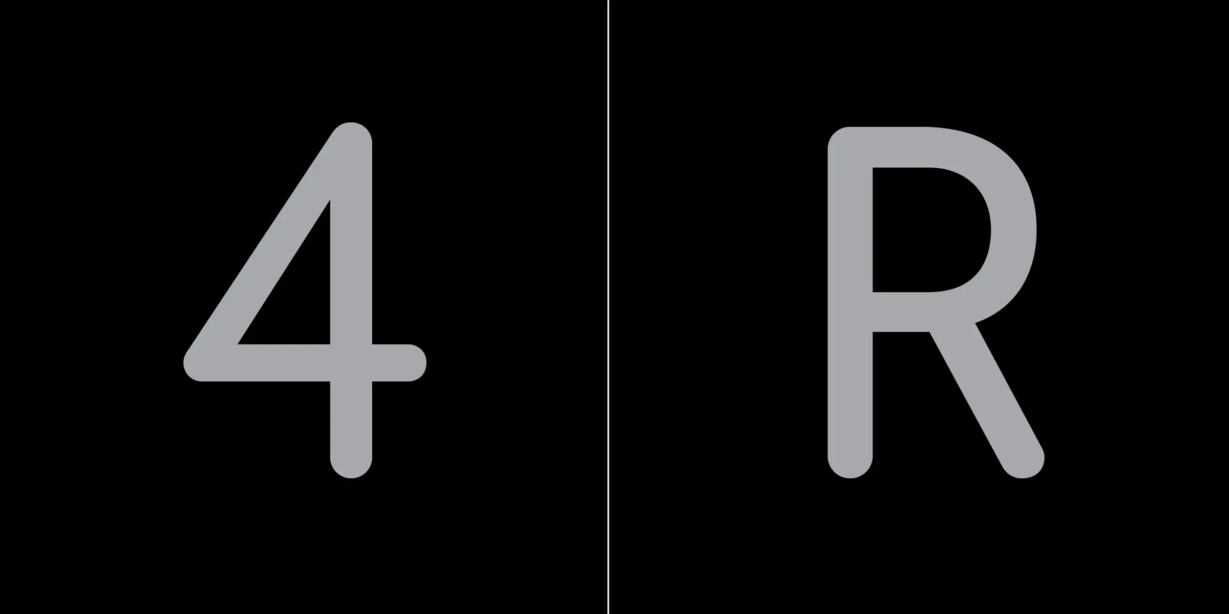 Bryant font by Process Type Foundry — the numeral 4 and the capital letter R in a grey, rounded sans-serif typeface, separated by a thin vertical line on a black background