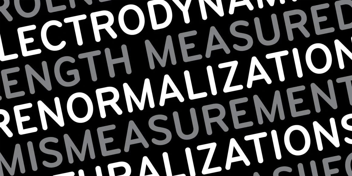 Bryant font by Process Type Foundry — diagonally oriented lines of sans-serif text in alternating white and gray capital letters on a black background, including the words ELECTRODY, LENGTH MEASURED, RENORMALIZATION, and MISMEASUREMENT