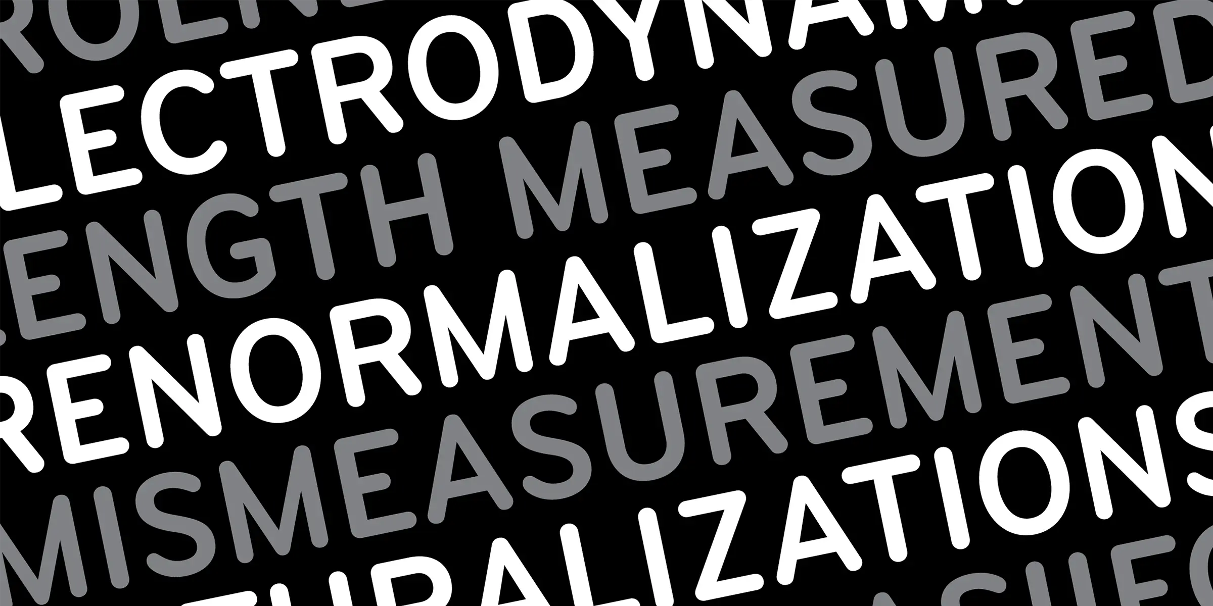 Bryant font by Process Type Foundry — diagonally oriented lines of sans-serif text in alternating white and gray capital letters on a black background, including the words ELECTRODY, LENGTH MEASURED, RENORMALIZATION, and MISMEASUREMENT