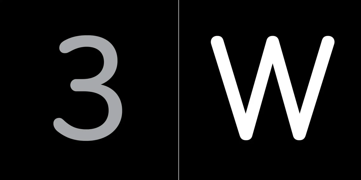 Bryant font by Process Type Foundry — the number 3 in grey and the letter W in white with rounded terminals, separated by a thin vertical line on a black background