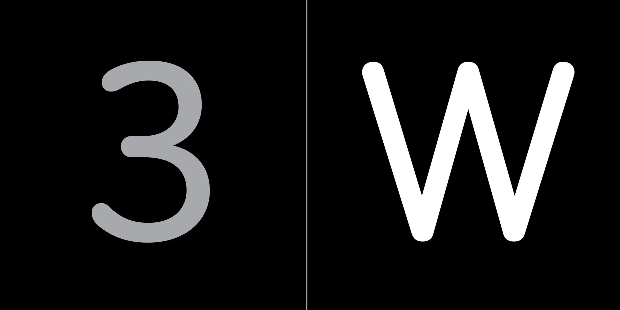 Bryant font by Process Type Foundry — the number 3 in grey and the letter W in white with rounded terminals, separated by a thin vertical line on a black background