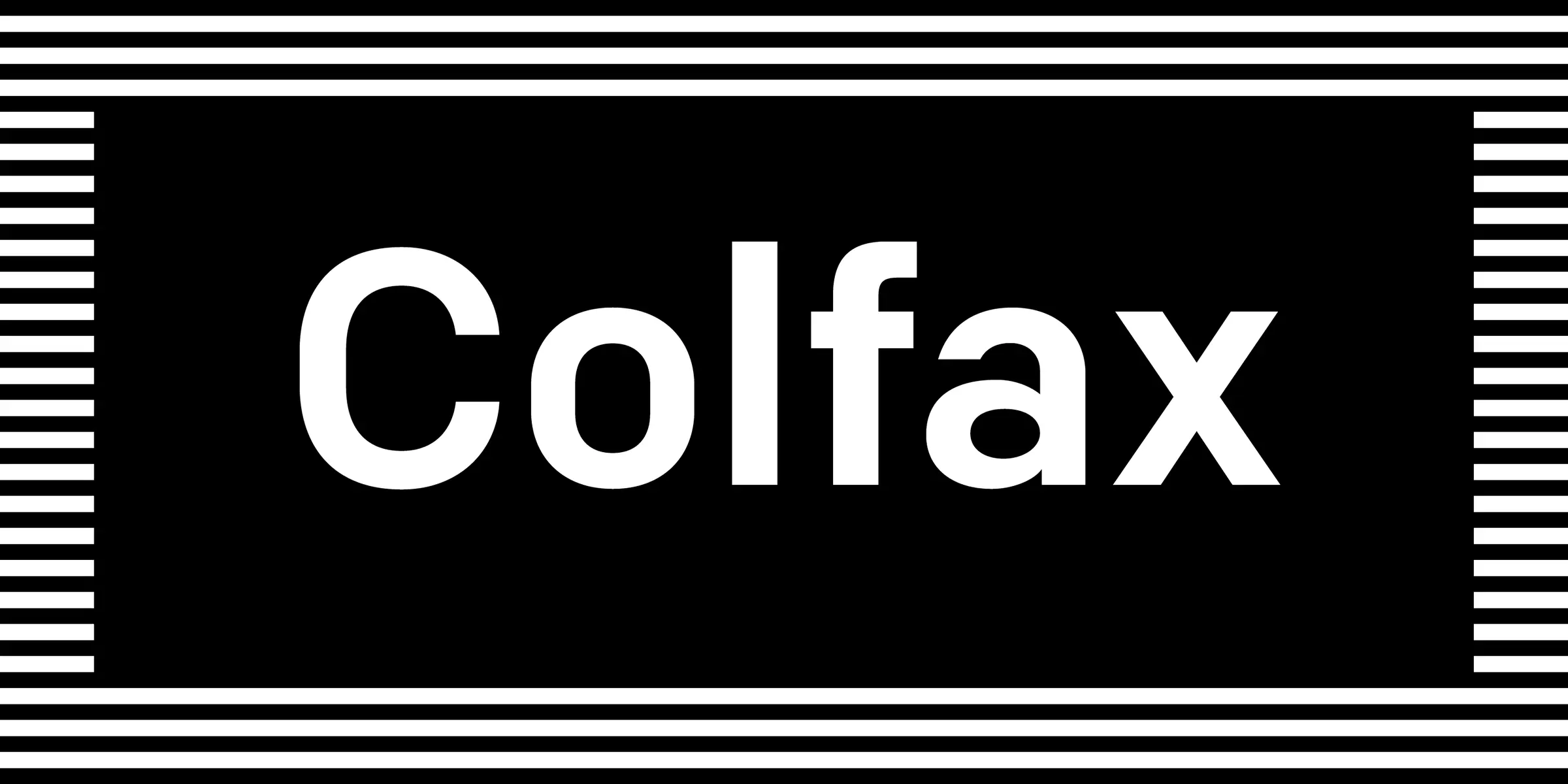 Colfax font by Process Type Foundry — the word “Colfax” in upright sans serif letters, framed by horizontal stripes at the top and bottom, and vertical stripes on the left and right