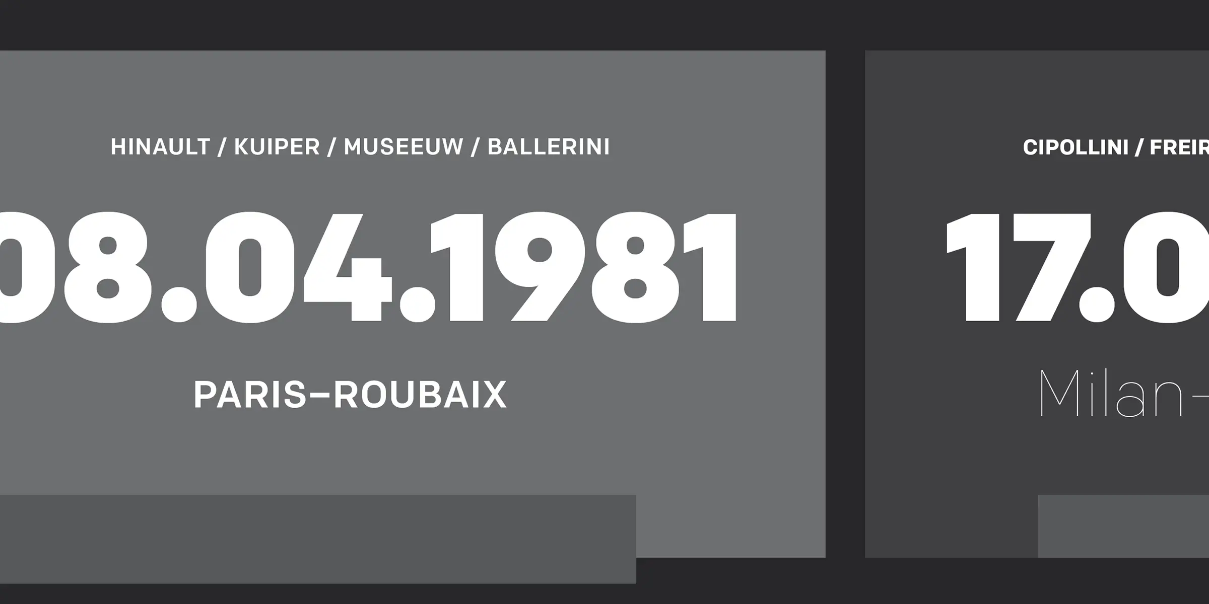Colfax font by Process Type Foundry — the date 08.04.1981 in large sans serif numbers, with names and a city above and below it, and a partial view of another date and city to the right