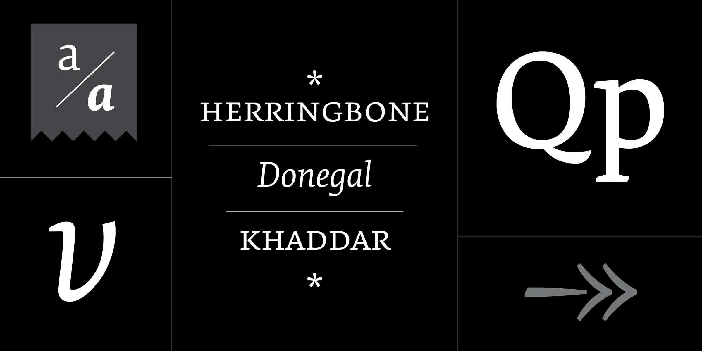 Elena font by Process Type Foundry — a grid of five panels with various letters and words, including “HERRINGBONE”, “Donegal” in italic, “KHADDAR”, and a right-pointing arrow icon