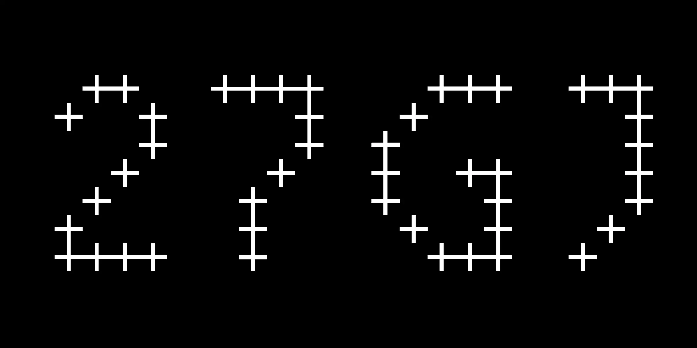 FIG font by Process Type Foundry — the numbers 2, 7, 6, and 9 formed by a grid of white plus signs