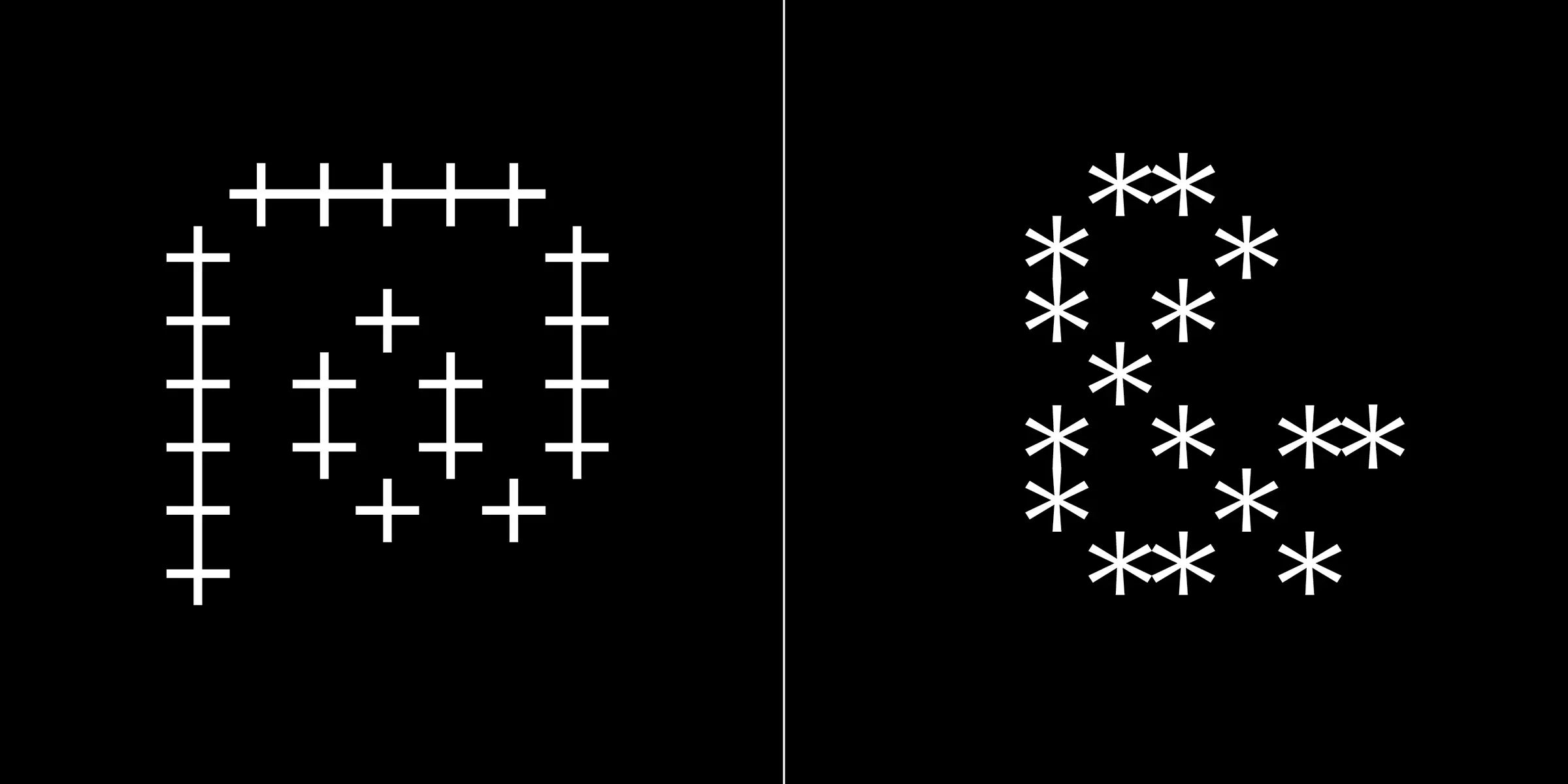 FIG font by Process Type Foundry — a pixelated image of a smiling face made of plus signs and an ampersand made of asterisks