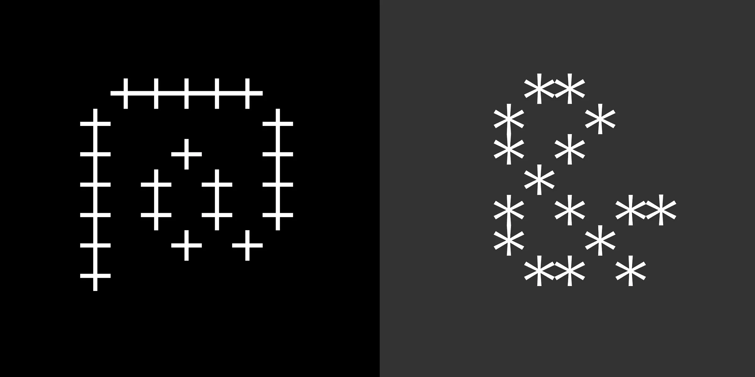 FindReplace font by Process Type Foundry — the letters C and E formed from plus signs and asterisks, respectively