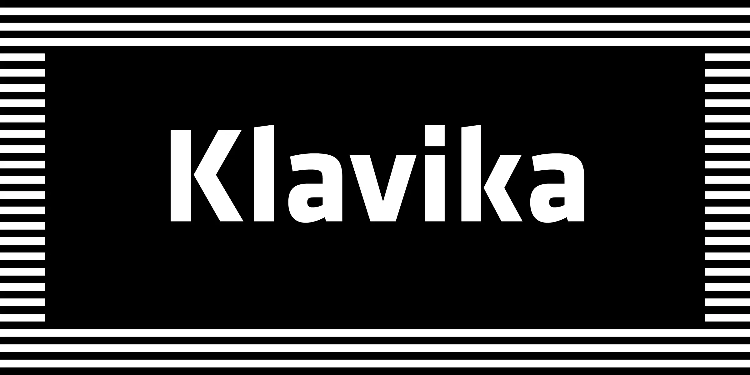 Klavika font by Process Type Foundry — the word “Klavika” in white sans-serif letters on a black background, framed by horizontal white stripes at the top and bottom, and vertical white stripes on the left and right