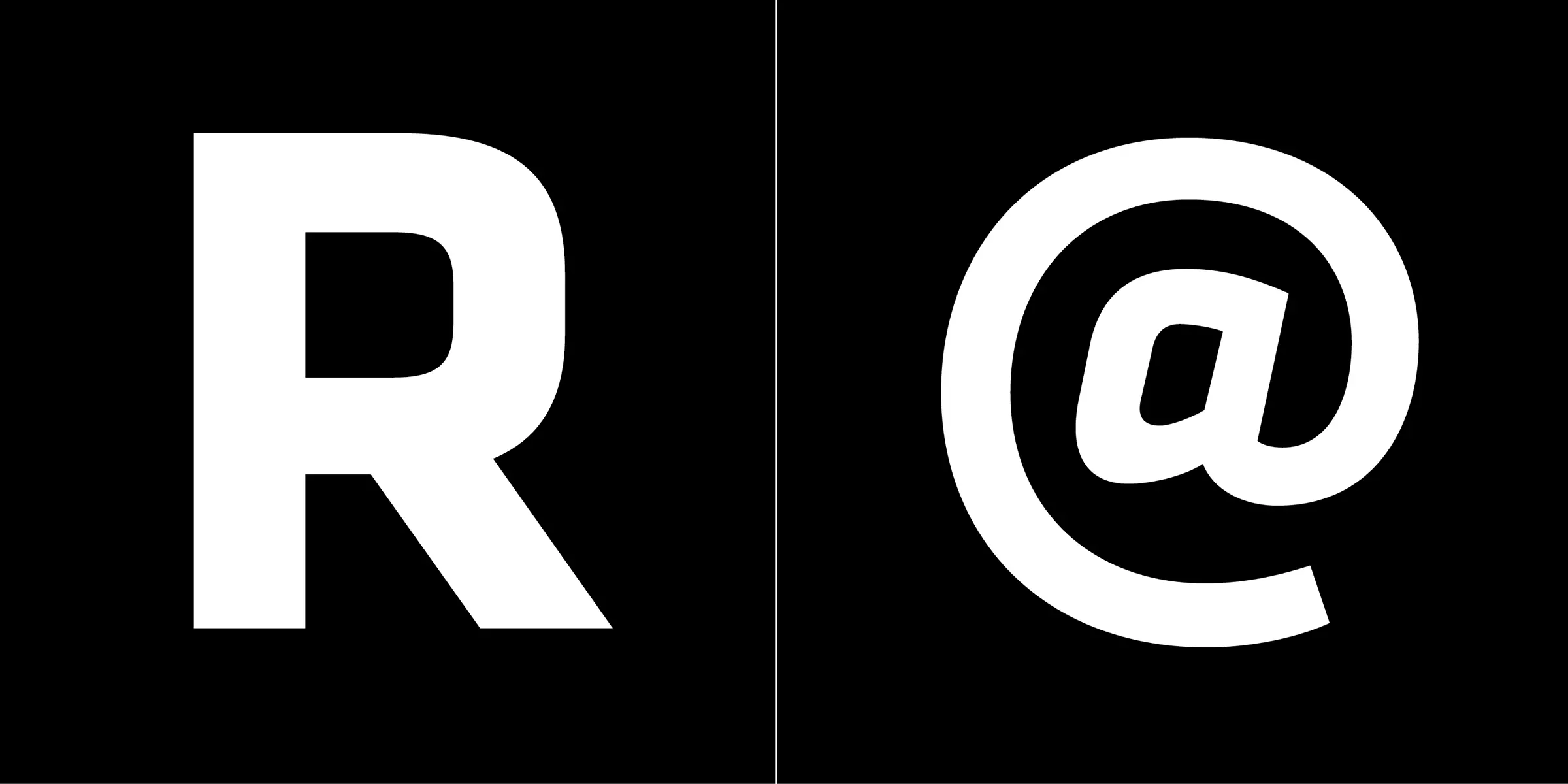Klavika font by Process Type Foundry — the upright sans serif capital R and an italic sans serif at-sign, both in white on a black background