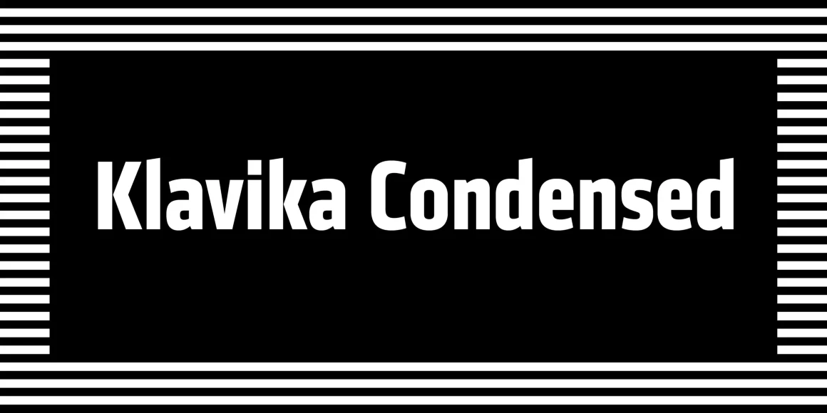 Klavika font by Process Type Foundry — the words Klavika Condensed in a white sans-serif typeface on a black background, framed by horizontal white stripes at the top and bottom and vertical white stripes on the left and right