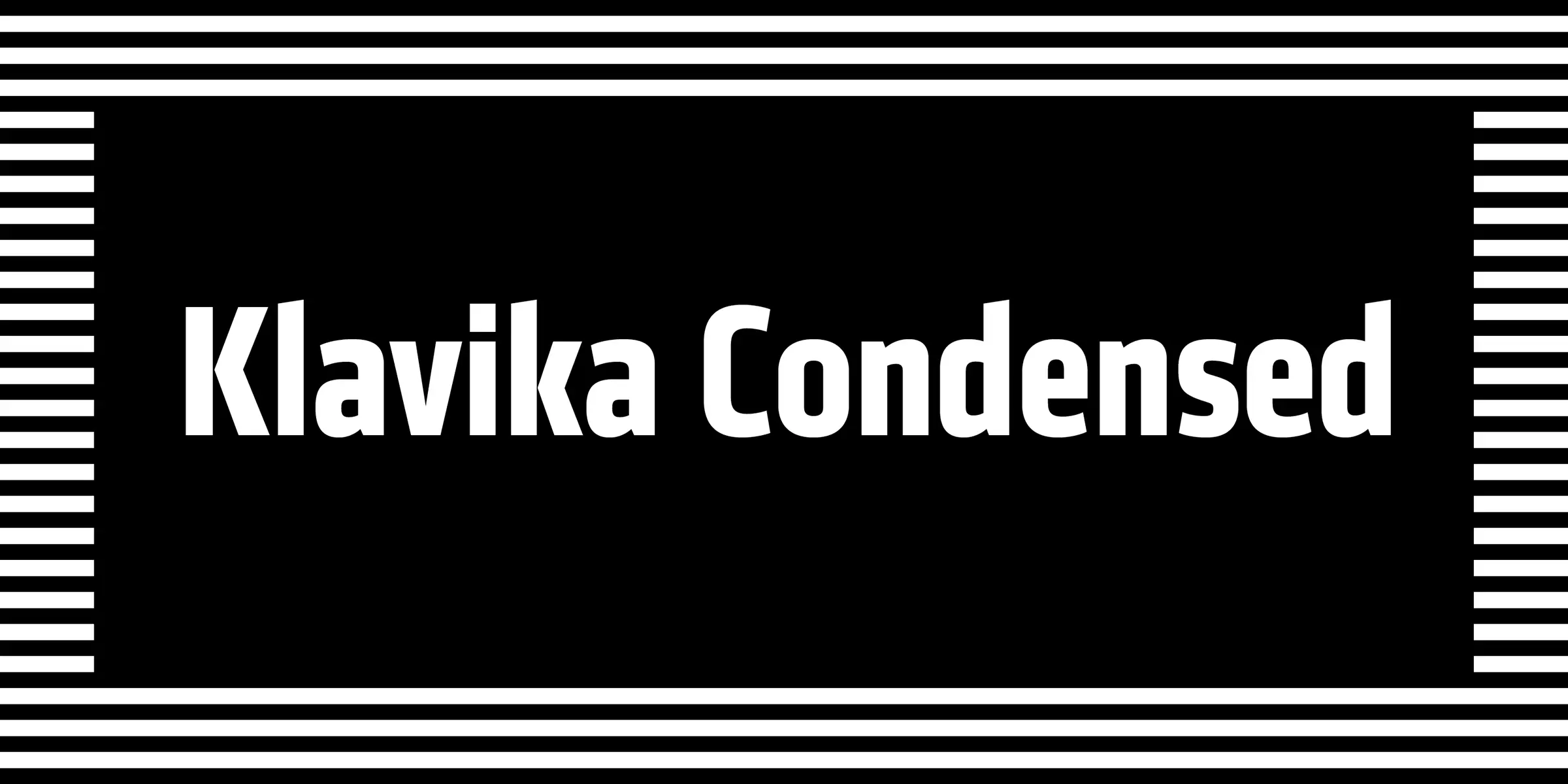 Klavika font by Process Type Foundry — the words Klavika Condensed in a white sans-serif typeface on a black background, framed by horizontal white stripes at the top and bottom and vertical white stripes on the left and right