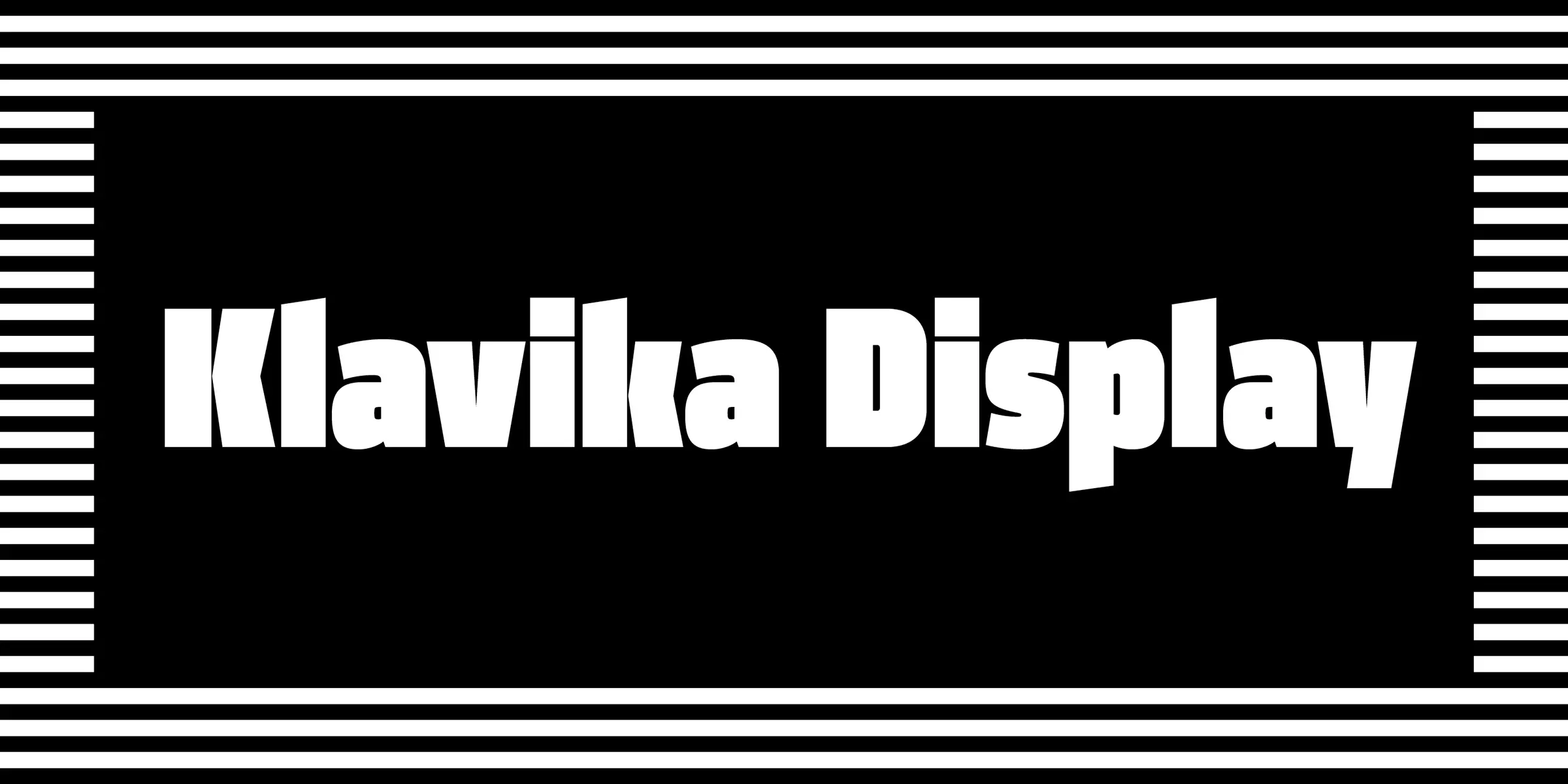 Klavika font by Process Type Foundry — the words Klavika Display in heavy, blocky sans-serif lettering on a black background, framed by horizontal and vertical white stripes
