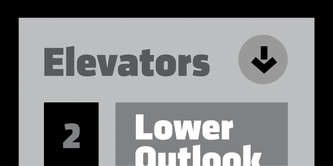 Klavika font by Process Type Foundry — the word Elevators in a heavy sans-serif typeface next to a downward arrow icon, above a block containing the number 2 and the stacked words Lower Outlook