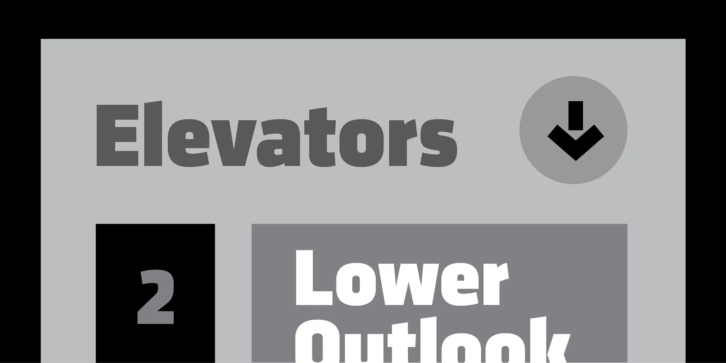 Klavika font by Process Type Foundry — the word Elevators in a heavy sans-serif typeface next to a downward arrow icon, above a block containing the number 2 and the stacked words Lower Outlook