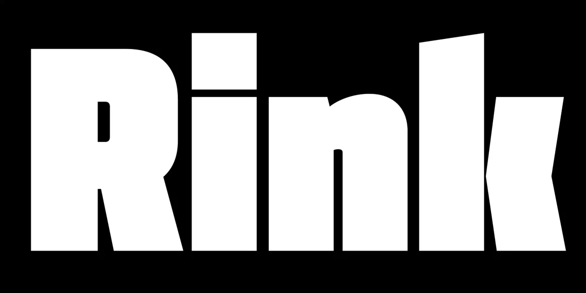 Klavika font by Process Type Foundry — the word Rink in white, heavy, blocky sans-serif letters with a square tittle on the letter i, set against a solid black background
