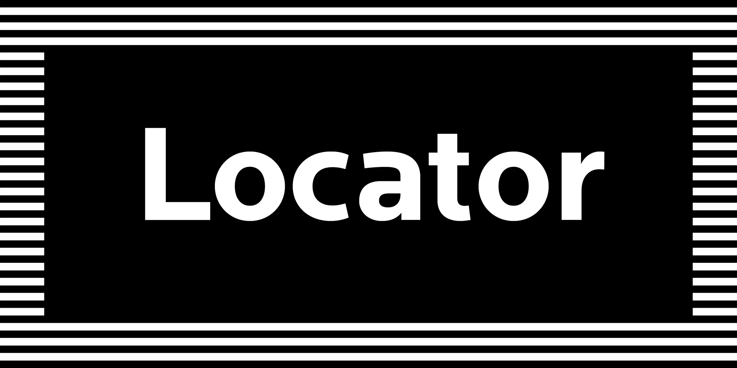 Locator font by Process Type Foundry — the word “Locator” in white sans-serif letters on a black background, framed by horizontal white stripes at the top, bottom, left, and right
