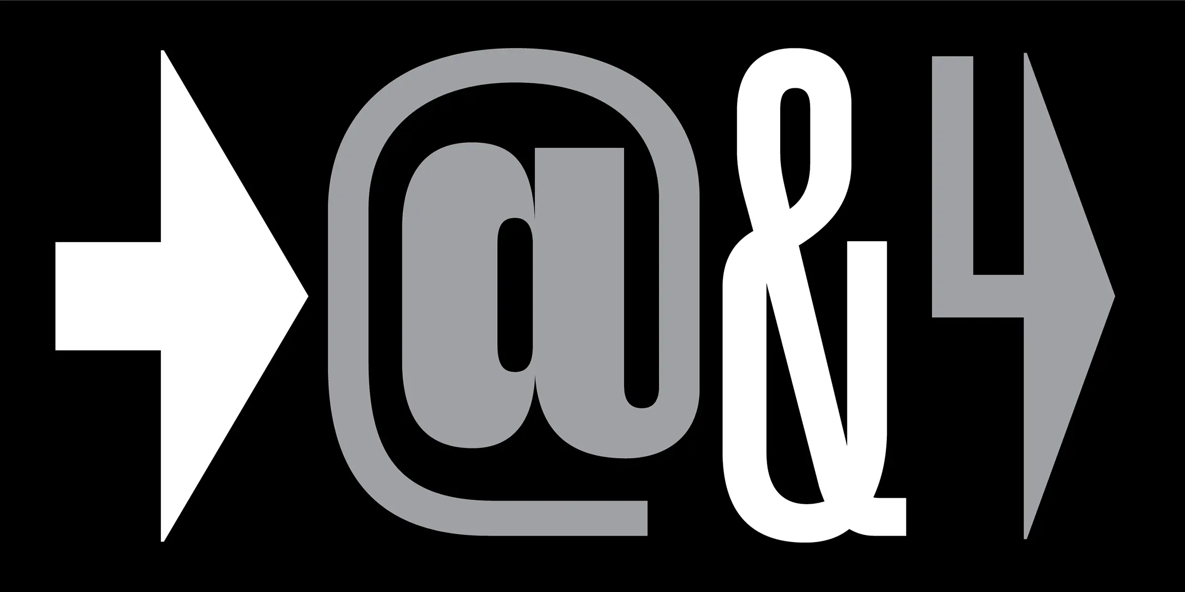 Recent Grotesk font by Process Type Foundry — a white right-pointing arrow, a gray at-sign, a white ampersand, and a gray right-pointing arrow with a lightning bolt tail