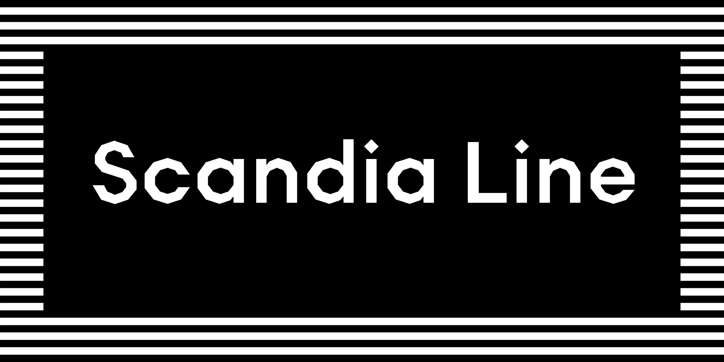 Scandia Line font by Process Type Foundry — the words “Scandia Line” in white, sans-serif, all-caps letters, with a pattern of horizontal white stripes on the top, bottom, and sides