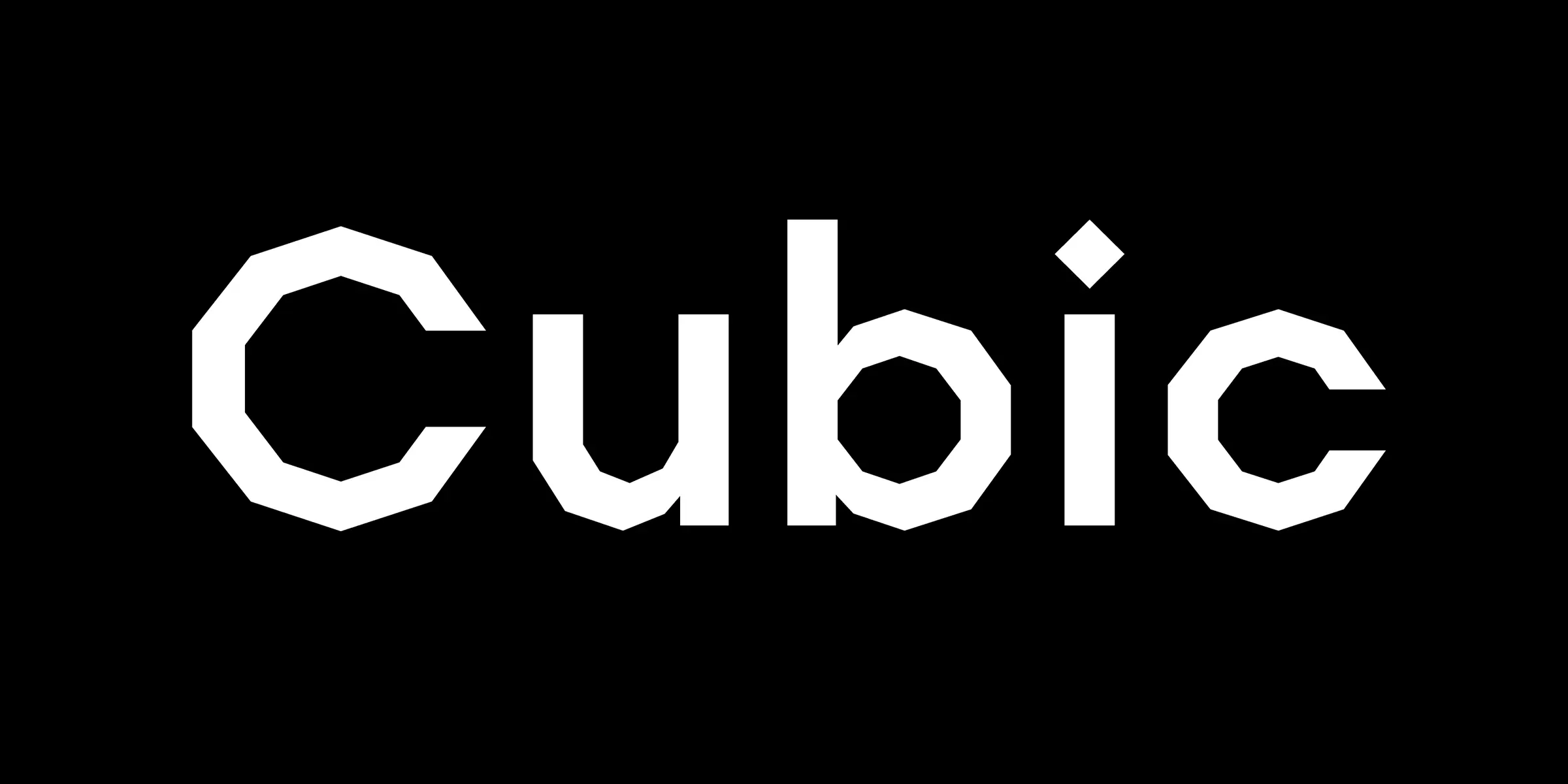 Scandia Line font by Process Type Foundry — the word “Cubic” in white, blocky, faceted sans-serif letters with a diamond-shaped dot on the i