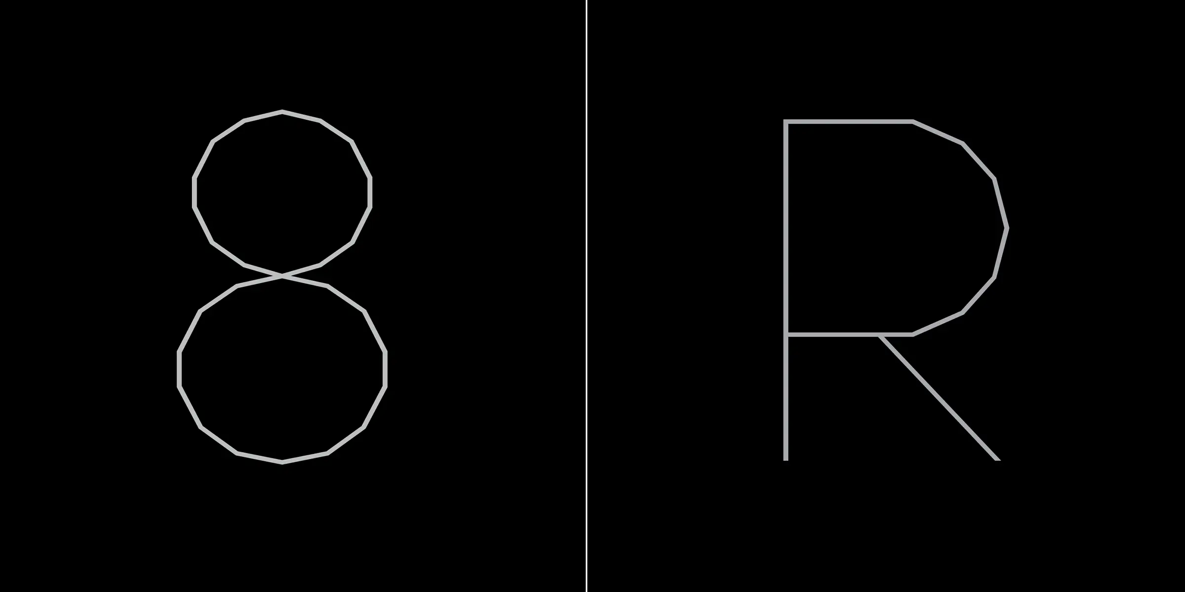 Scandia Line font by Process Type Foundry — the number 8 and the letter R, both formed from connected straight line segments, separated by a vertical line