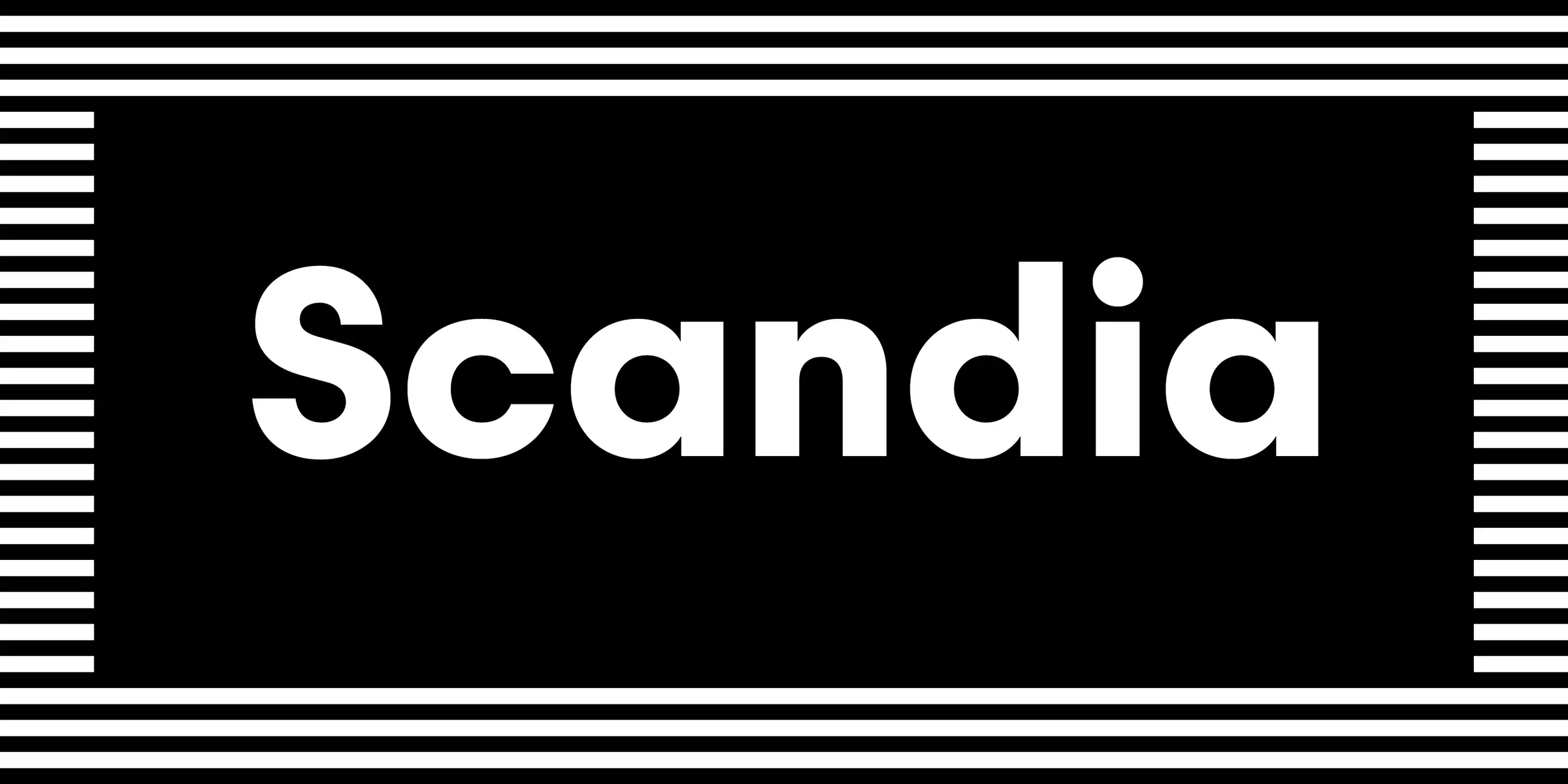 Scandia font by Process Type Foundry — the word “Scandia” in white sans-serif letters, framed by a border of thin white horizontal stripes at the top and bottom, and vertical stripes on the left and right