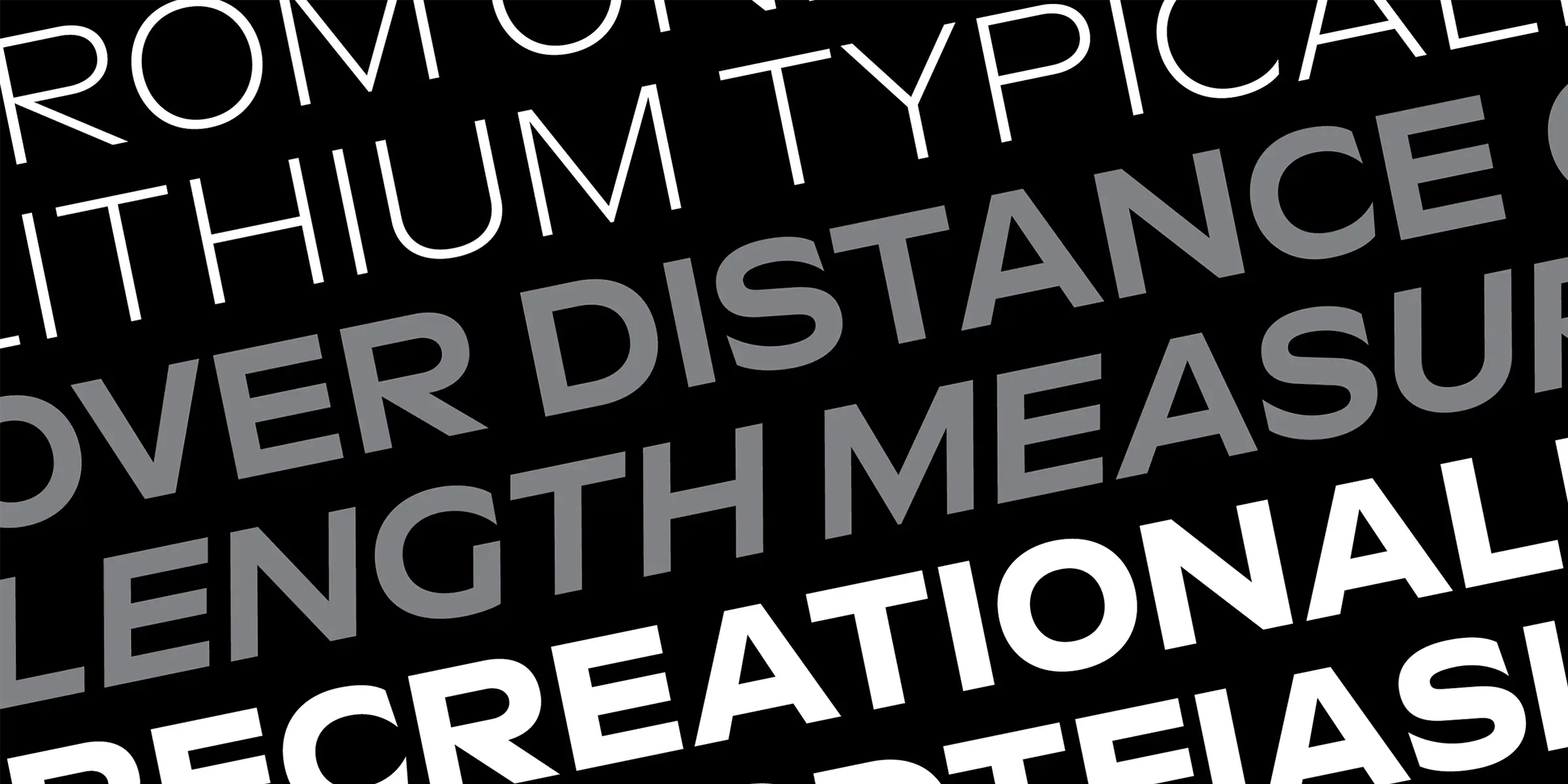 Sculpin font by Process Type Foundry — the words “ROM”, “LITHIUM TYPICAL”, “OVER DISTANCE MEASURE”, and “RECREATIONAL FIAS” in alternating white and gray sans-serif oblique capital letters.