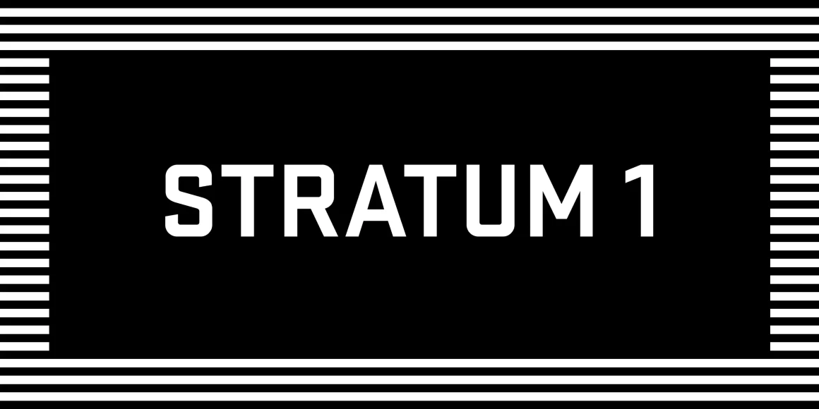 Stratum 1 font by Process Type Foundry — the word STRATUM in white, upright, blocky sans-serif letters on a black background, framed by horizontal stripes at the top and bottom and vertical stripes on the left and right
