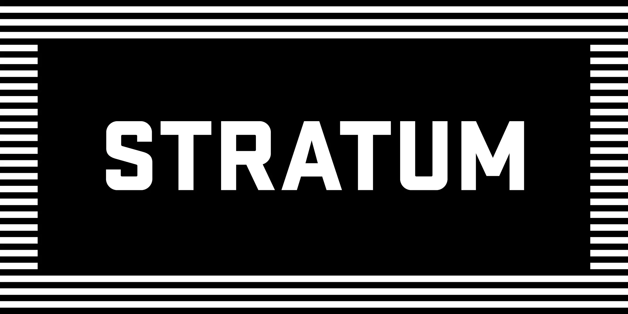 Stratum 1 font by Process Type Foundry — the word STRATUM in white, upright, blocky sans-serif letters on a black background, framed by horizontal stripes at the top and bottom and vertical stripes on the left and right