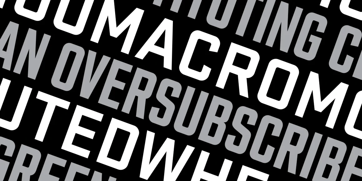 Stratum 1 font by Process Type Foundry — the words RECONSTIT, DUMACROMO, VERSUR, and TE set in a bold, squarish sans-serif typeface, arranged in diagonal lines of alternating white and grey text on a black background