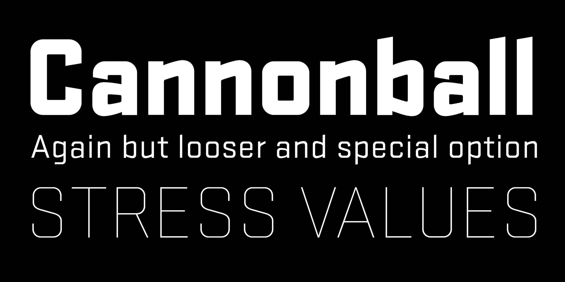 Stratum 1 font by Process Type Foundry — the words Cannonball, Again but looser and special option, and STRESS VALUES stacked in three lines of white, sans-serif lettering on a black background