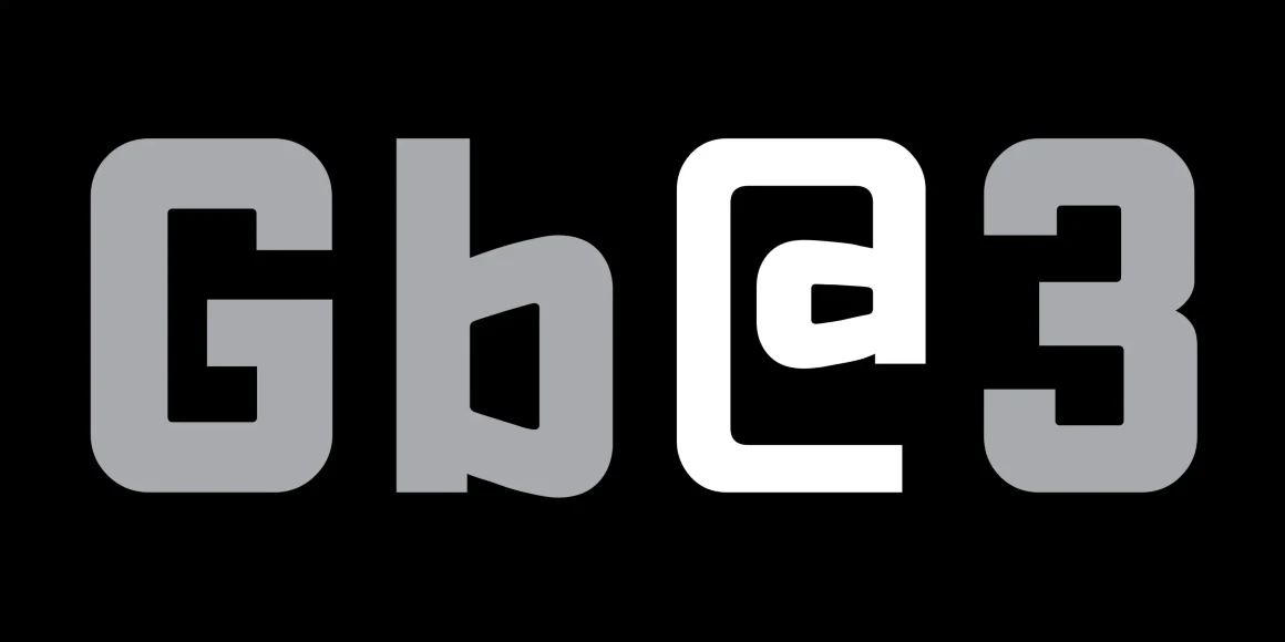 Stratum 2 font by Process Type Foundry — the letters G, b, an at sign, and the number 3 in a blocky, dark gray sans-serif font on a black background