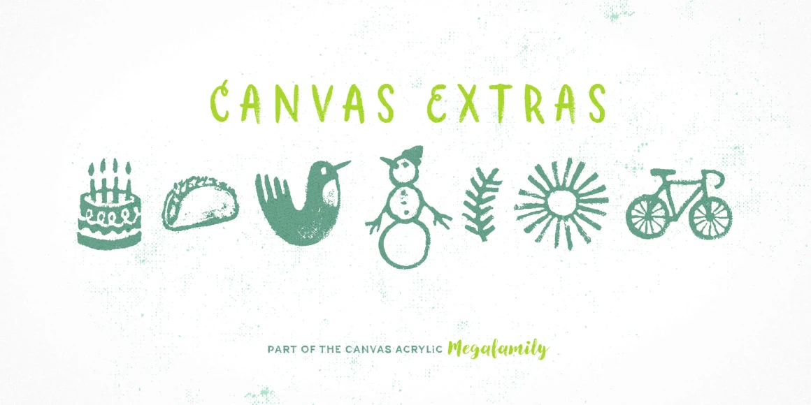 Canvas Icons font by Yellow Design Studio — the words CANVAS EXTRAS in textured green hand-drawn lettering above a row of green textured icons, including a birthday cake, a taco, a bird, a snowman, a branch, a sun, and a bicycle