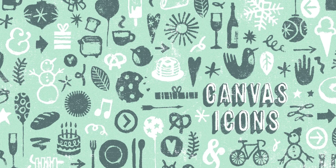 Canvas Icons font by Yellow Design Studio — the words CANVAS ICONS in textured, hand-drawn sans-serif letters with a 3D shadow effect, surrounded by a dense pattern of hand-drawn icons including a snowman, a bicycle, a birthday cake, and a bird on a light green background