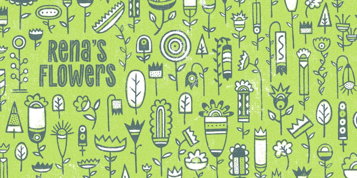 Canvas Icons font by Yellow Design Studio — the words Rena’s Flowers in a textured, condensed sans-serif font, surrounded by a dense pattern of hand-drawn, textured floral and plant icons on a light green background