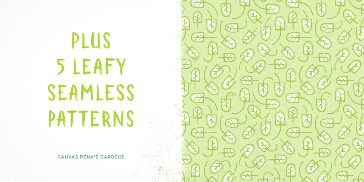 Canvas Icons font by Yellow Design Studio — the words PLUS 5 LEAFY SEAMLESS PATTERNS in green hand-drawn sans-serif lettering, next to a light green seamless pattern of hand-drawn leaf icons