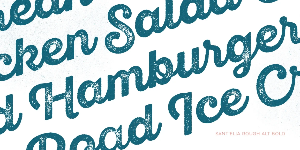 Sant'Elia Script font by Yellow Design Studio — the words Hamburger, Ice, and other cropped text in a textured, teal-colored script font on a white background
