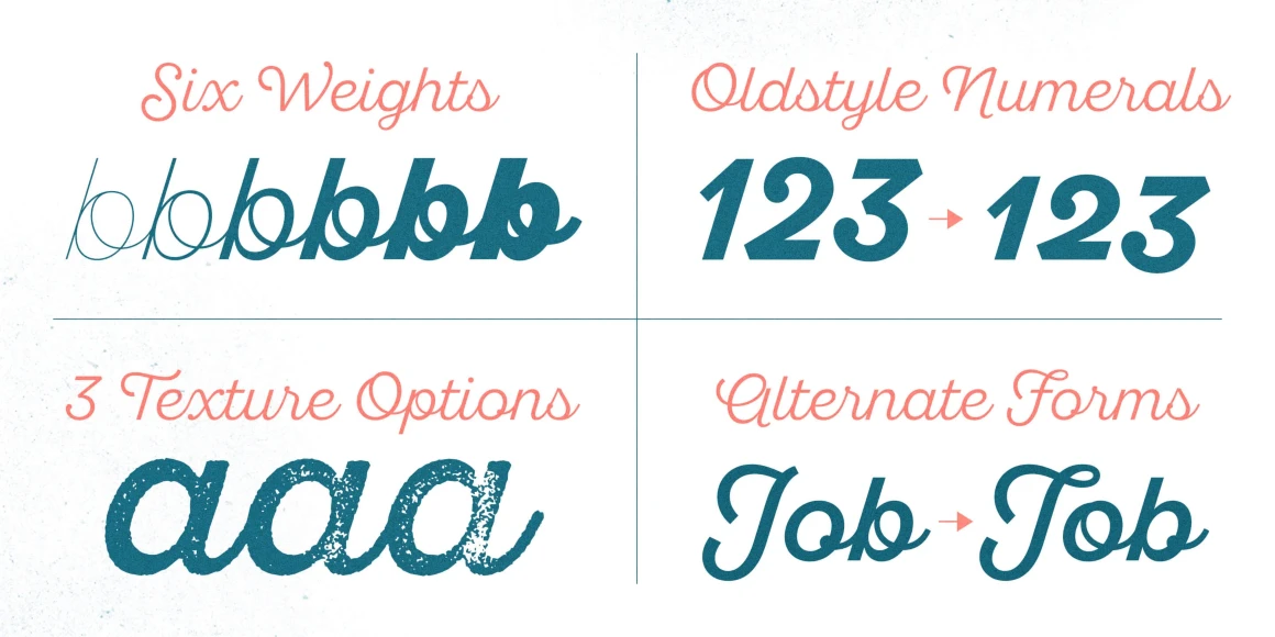 Sant'Elia Script font by Yellow Design Studio — a four-quadrant layout showing script lettering features, with the words Six Weights above six lowercase letters b, Oldstyle Numerals above the numbers 123 pointing to 123, 3 Texture Options above three lowercase letters a with varying distress, and Alternate Forms above the word Job pointing to Tob