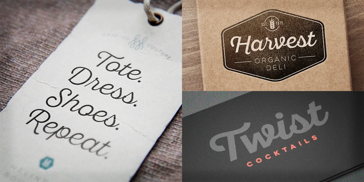 Sant'Elia Script font by Yellow Design Studio — a collage of three designs featuring script lettering, including a paper tag with the words Tote, Dress, Shoes, Repeat, a brown cardboard package with a Harvest Organic Deli badge, and a dark card with the words Twist Cocktails