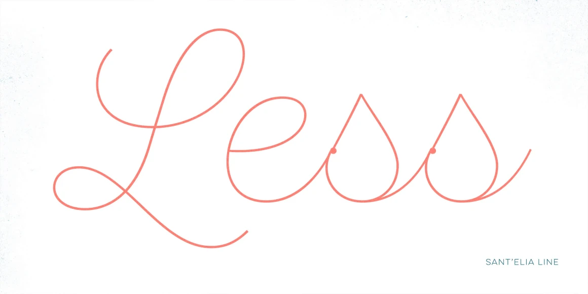 Sant'Elia Script font by Yellow Design Studio — the word Less in a large, thin pink monoline script with teardrop-shaped lowercase s letters, set against a textured off-white background with the words SANT’ELIA LINE in the bottom right corner